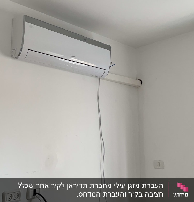 מזגן מותקן על קיר עם כבלים חשמליים